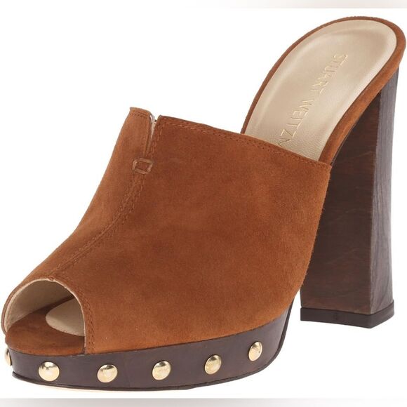 Stuart Weitzman Women's Brown Suede Mules stacked heel size 7 made in Spain - Picture 1 of 10